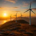 Wind turbines on a Norwegian mountain ridge during sunset, overlooking fjords and rugged terrain